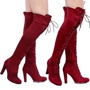 Wine Stretchy Lace Up Over Knee Combat Heel Boots